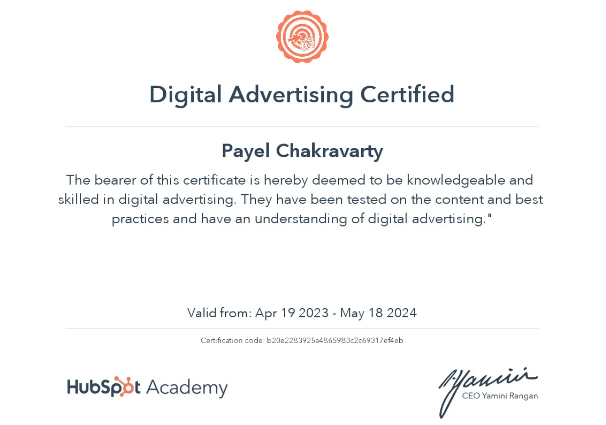 Digital Advertising Certified from HubSpot Academy